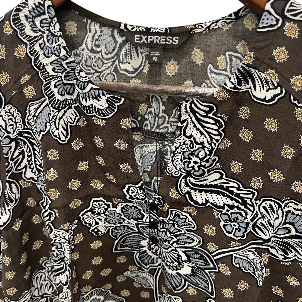 Express Brown Floral Sheer Shift Dress 3/4 Sleeve Split Neck Tunic Size XS